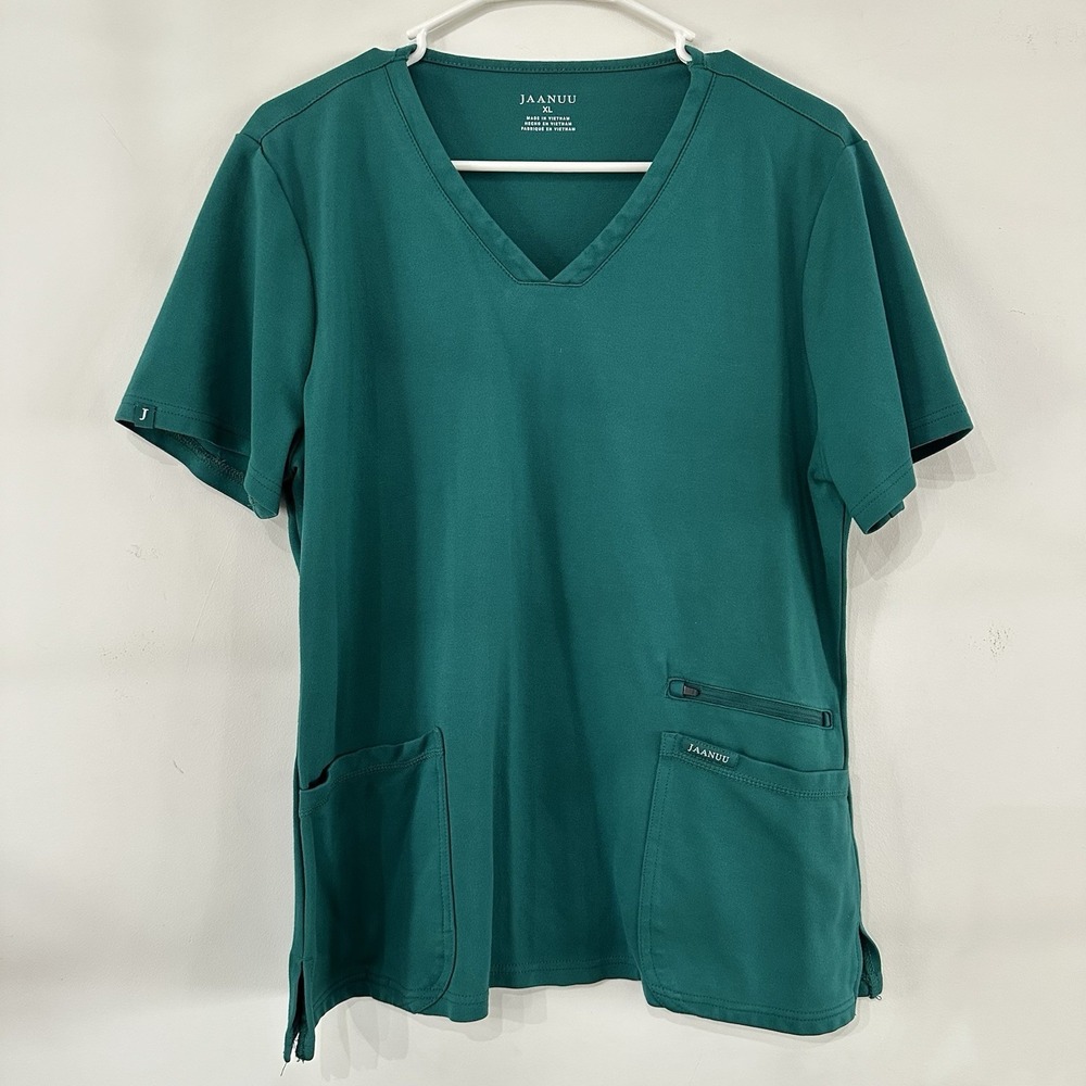 Women's Jaanuu Moisture Wicking Hunter Green Scrub Top XL Zipper Pocket V Neck